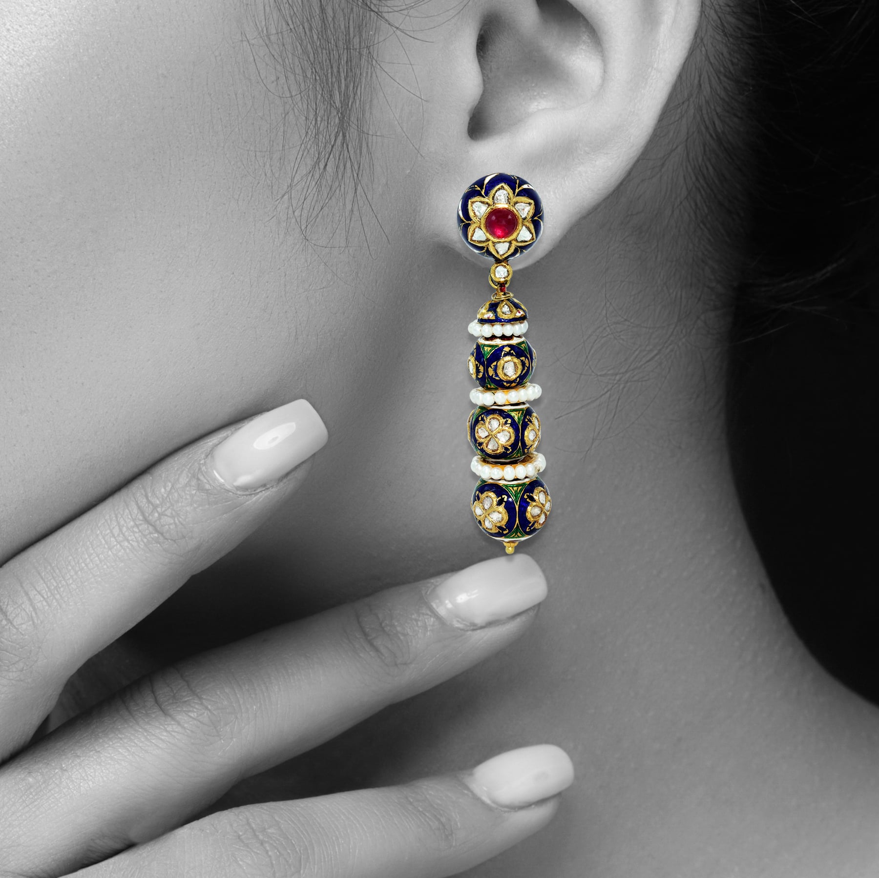 Floral Ruby Stud Earrings with Blue Meenakari and Polki Beads